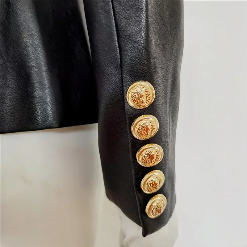 Plus Size 2024 Fall Winter Runway Office Women Coat Full Sleeve Lion Double Breasted High Quality Faux Leather Slim Black Jacket