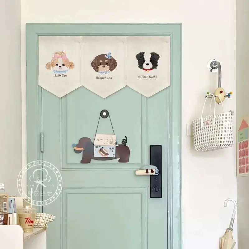 Kawaii Puppy Pattern Triangular Fabric Hiding Curtain Adorable Dog Portrait Graphic Shelf Shield Curtain for Kitchen Home Decor