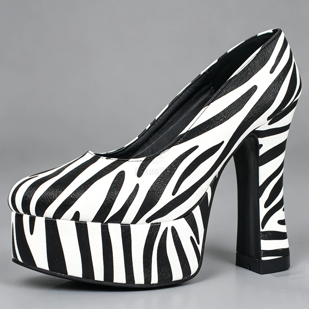 Women Zebra Print Platform Pumps Ultra High Chunky Heel Thick Sole Round Toe Slip On Y2K Party Stage Shoes 3