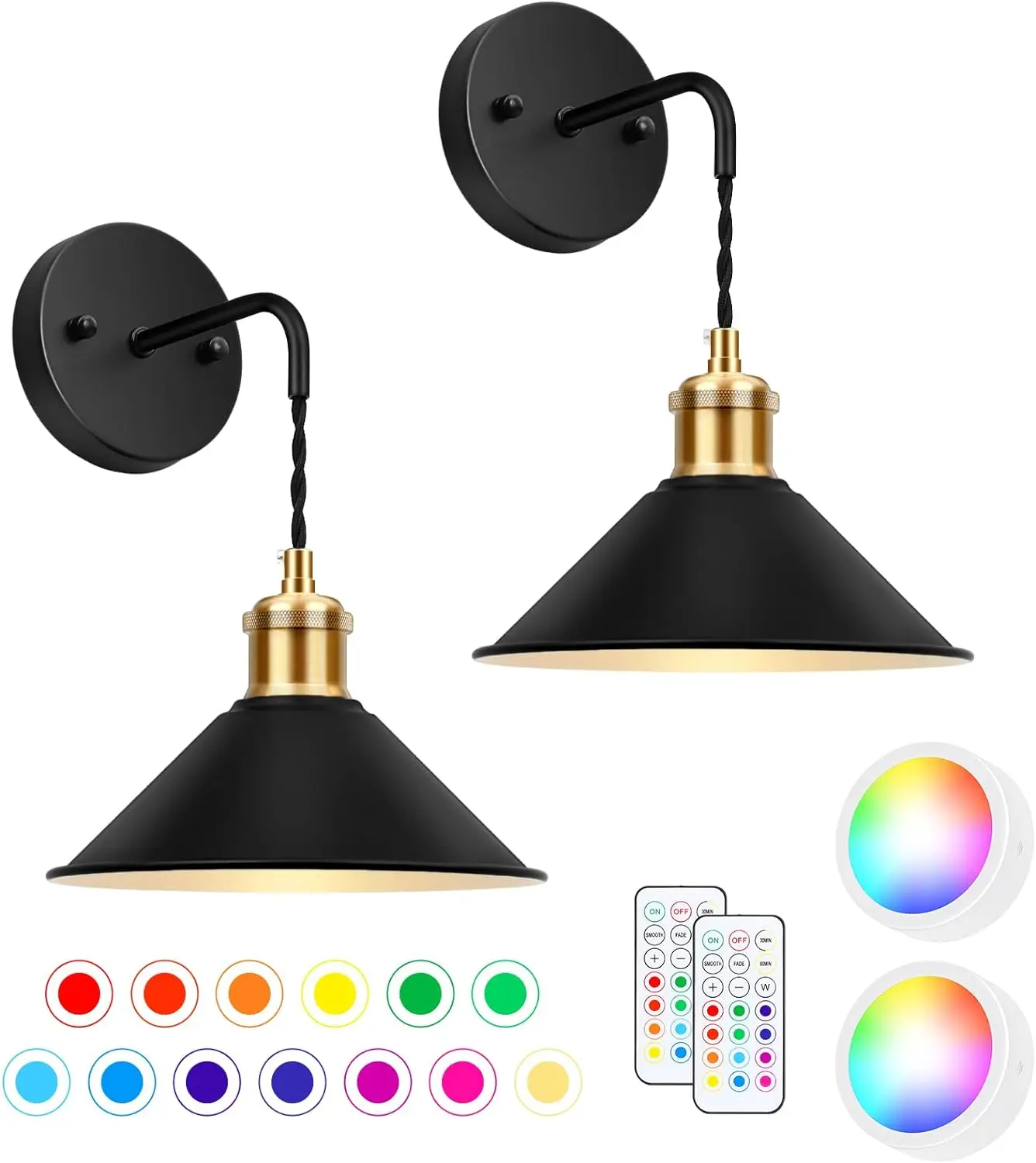 Set of 2, Dimmable Wireless Sconces Wall Lighting Indoor, RGB 13 Colors Battery Powered， Wall Lamp Fixture with Remote Control