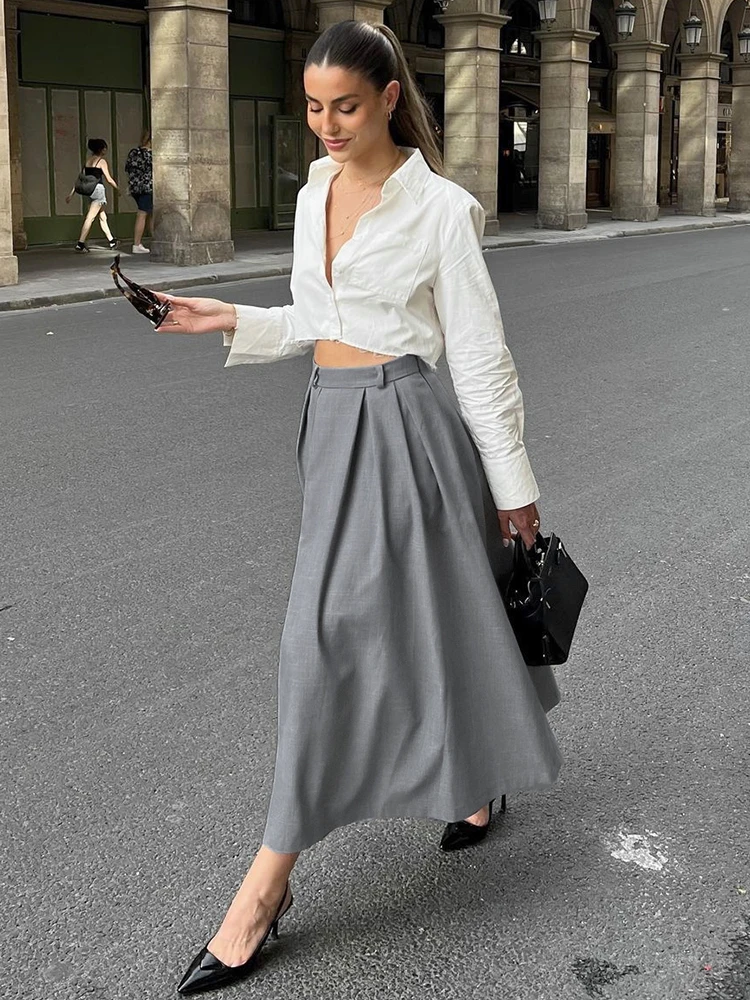 2024 Autumn High-end Gray Skirt Commuting Casual High Waist Slim Pleated A-line Skirts European And American Fashion Long Skirt