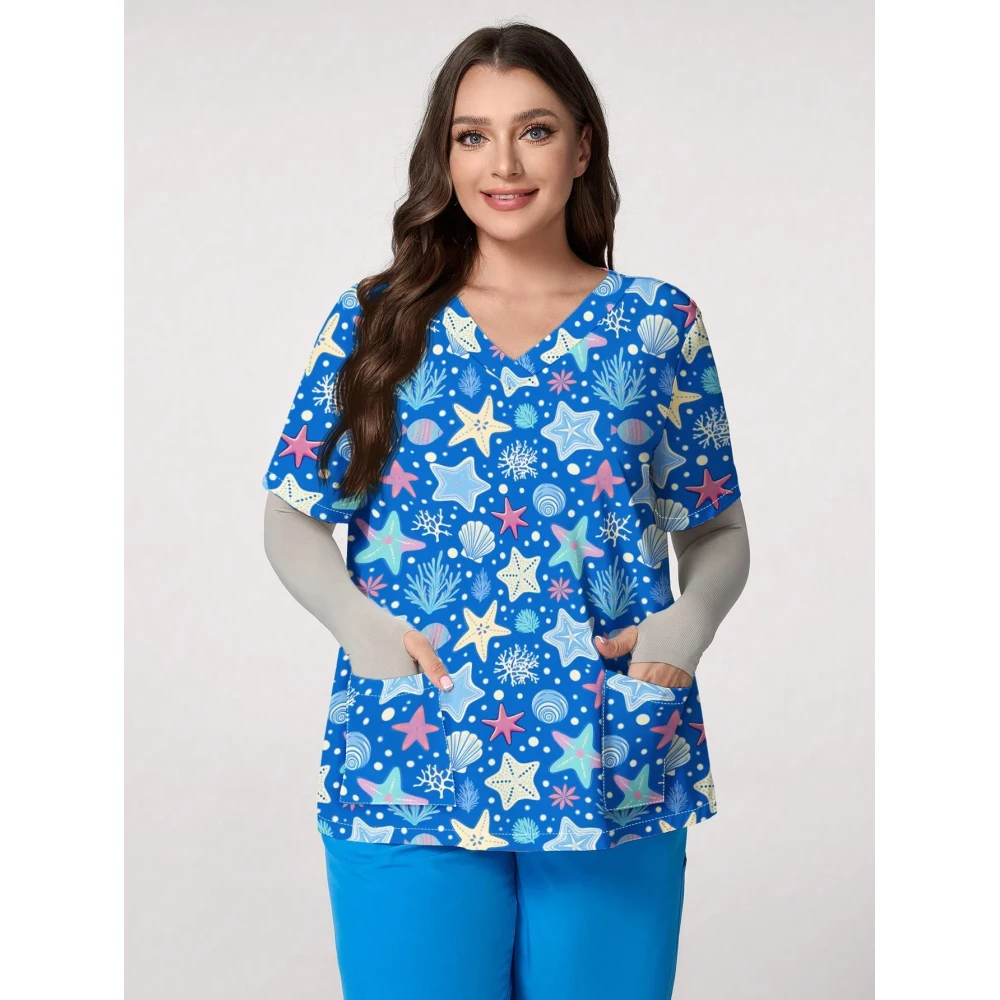 ハートプリント V ネックストレッチ医療制服女性のためのカジュアル半袖パッチポケットトップススクラブ医療制服女性