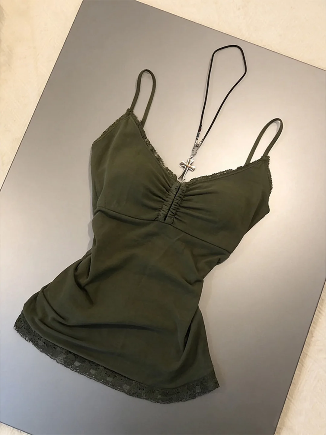 Olive Green Lace Patchwork V-Neck Strap Vest Women's Outerwear Summer Slim Fit Beautiful Back Spicy Girl Inner Match Top