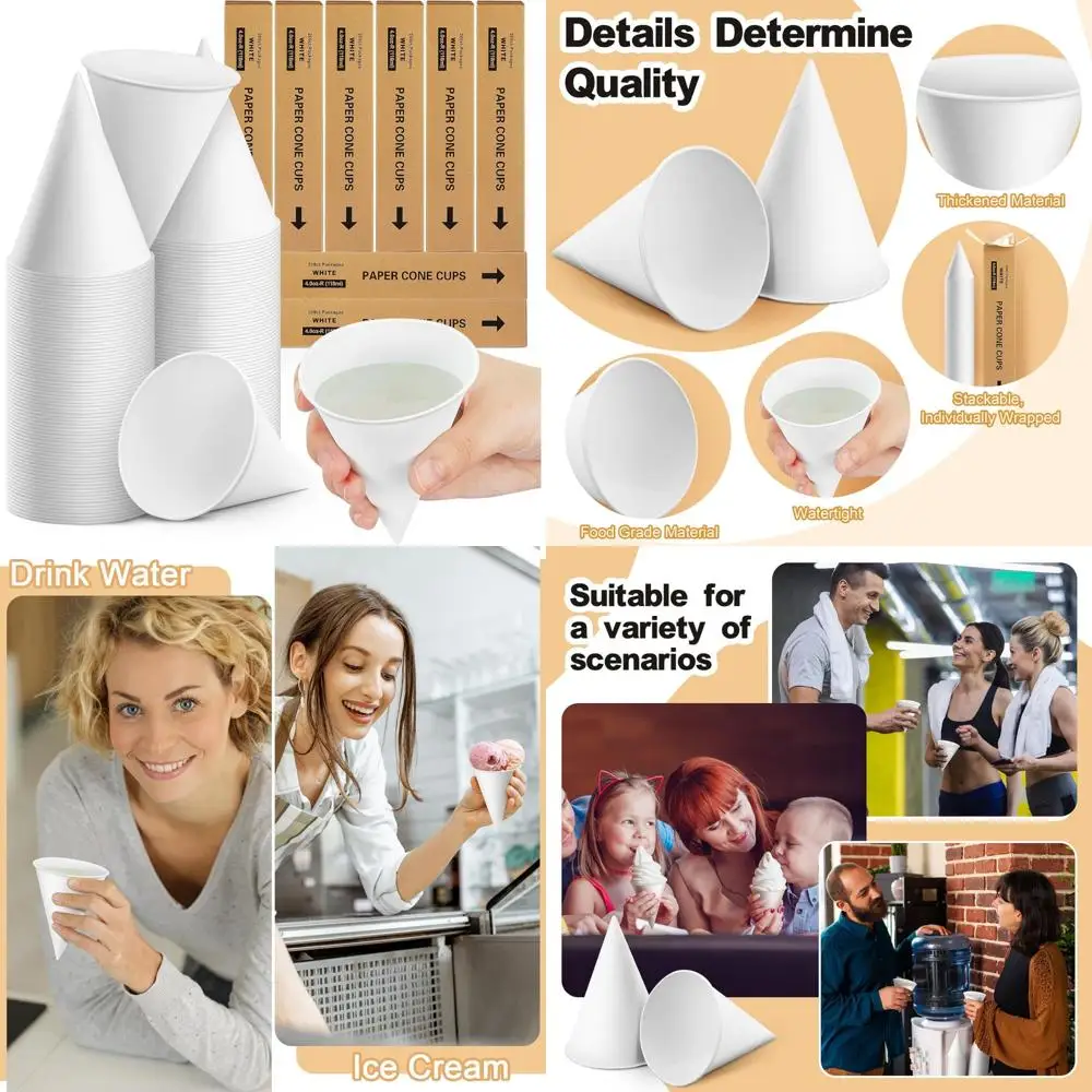 

4 oz Thick Disposable Paper Cone Cups for Shaved Ice, Slushies, Water Cooler Dispenser - 1600 Pieces, White