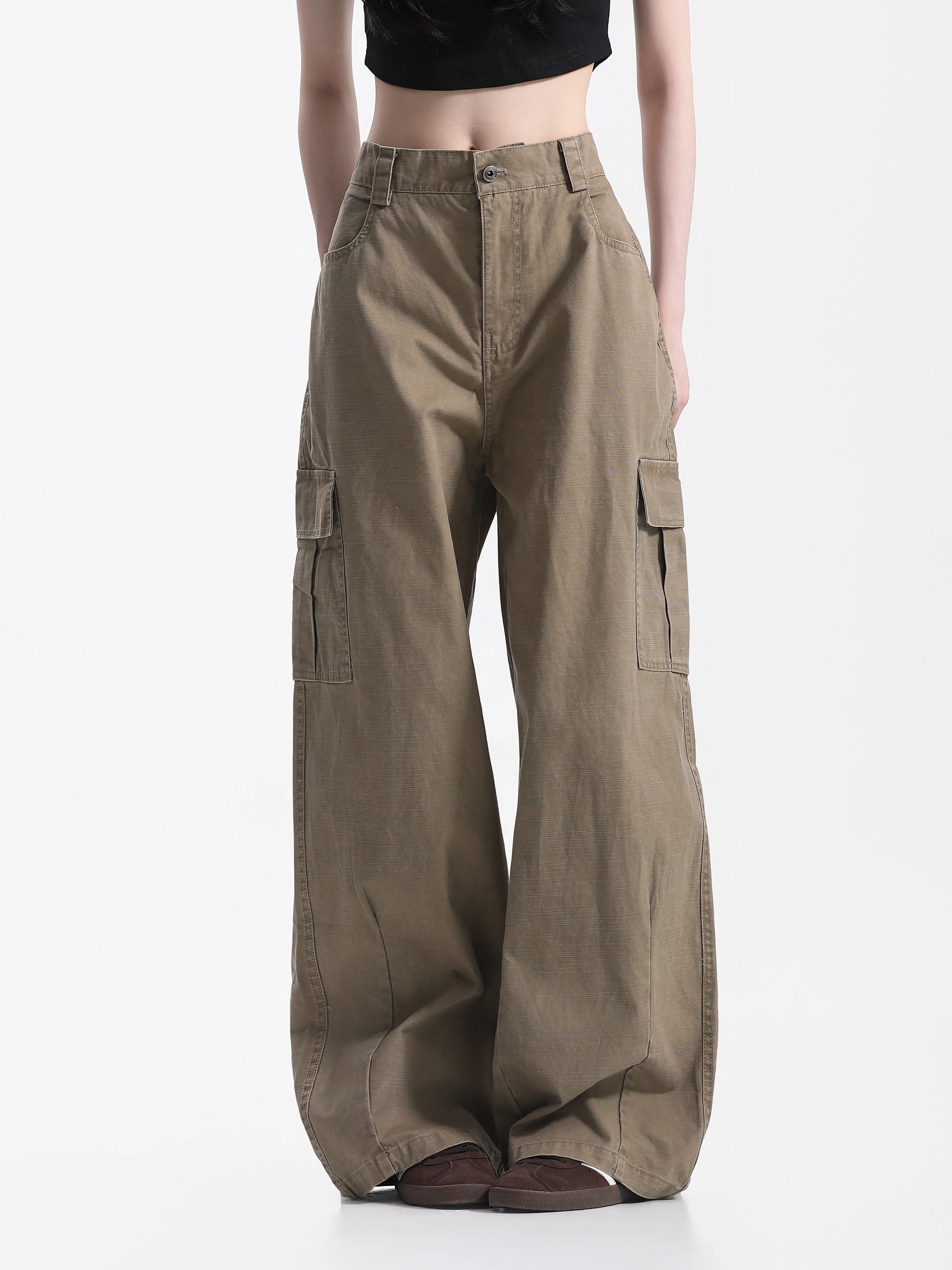 Vintage Textured Multi-Pocket Work Pants Neutral Style Wide Leg Long Trousers Casual Cotton Jeans for Women