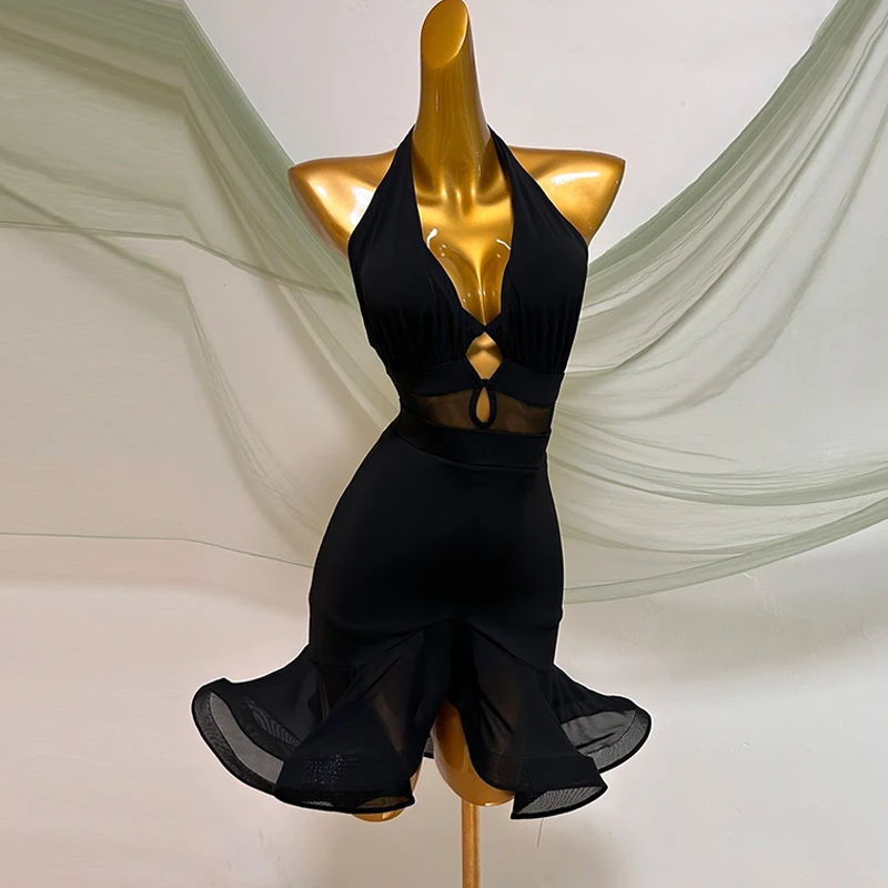 

Sexy Hollow Out Latin Dance Dress Women Competition Costume Bodysuit Skirt Rumba Tango Practice Wear Stage Clothing VDB7530