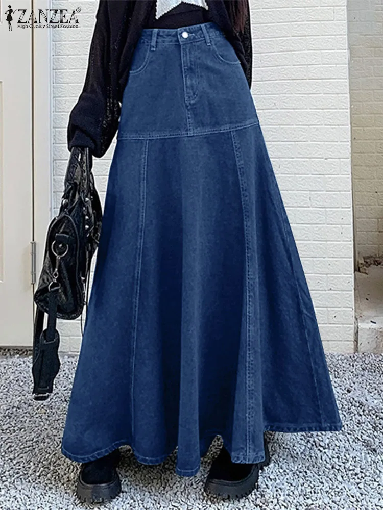 Casual Patchwork A-Lijn Maxi Rok Zanzea Vrouwen Denim Lange Rok 2024 Zomer Mode Hoge Taille Jupe Elegante Wrap Lange Faldas