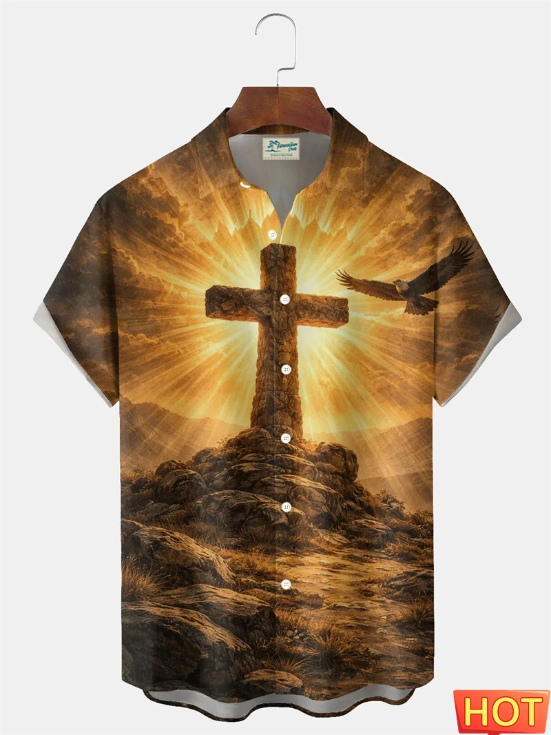 

2026 Easter Cross Pattern Men's Short Sleeve Button Down Lapel Shirt For Summer Oversized Top Casual Christian Jesus Theme Shirt