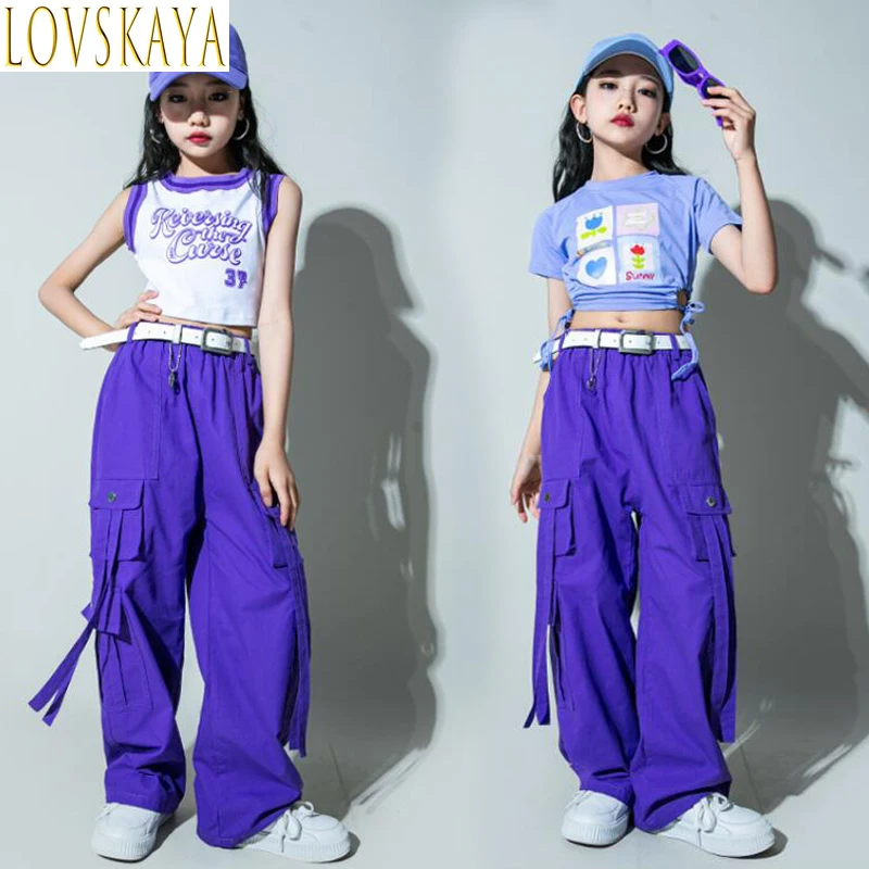 Girls street jazz clothing cut vest V shirt purple hip-hop jogging pants youth show dance clothing children's clothing