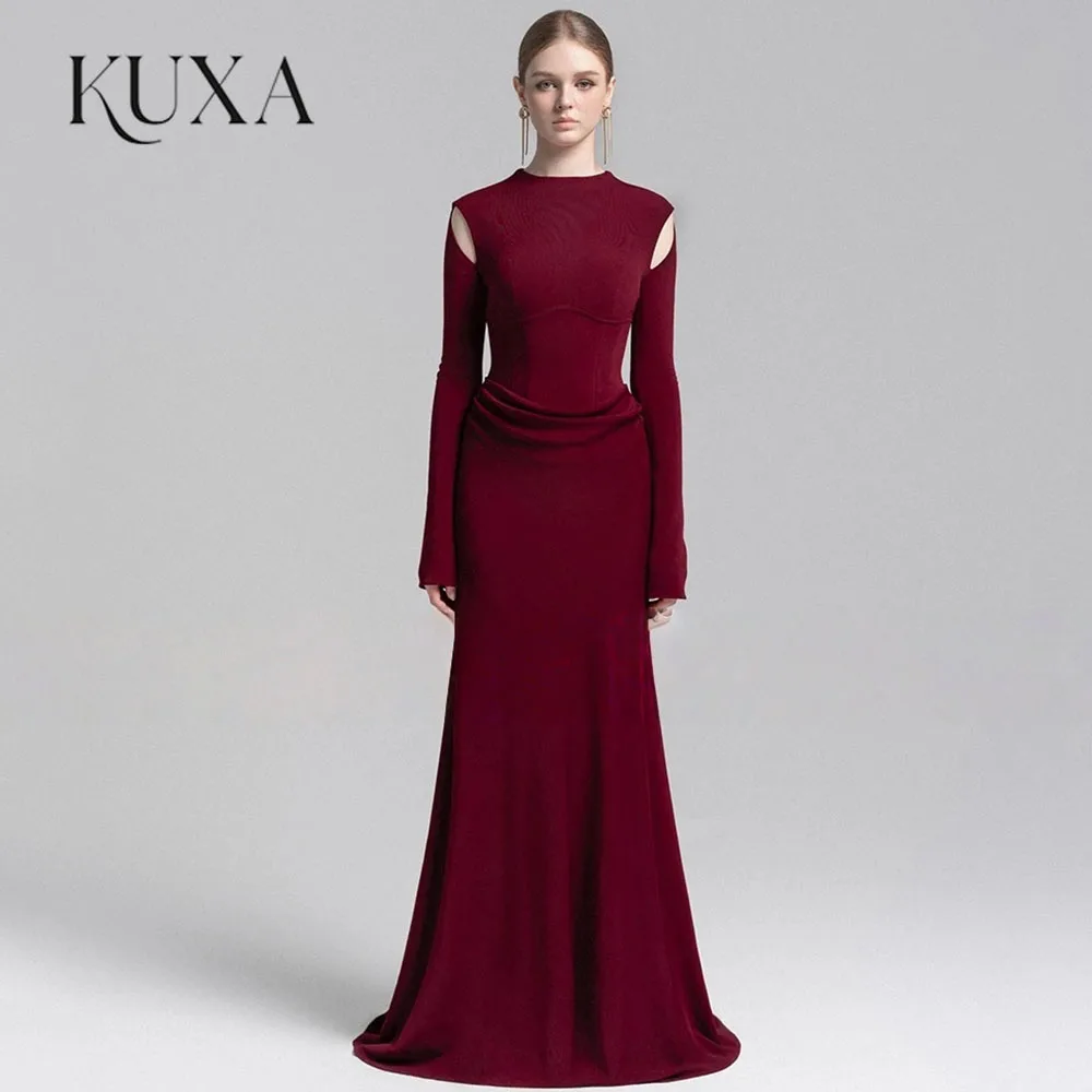 KUXA Mermaid Evening Dresses Cut Out Long Sleeves O Neck Simple Evening Gowns Women Pleated Trumpet Party Dresses Customized