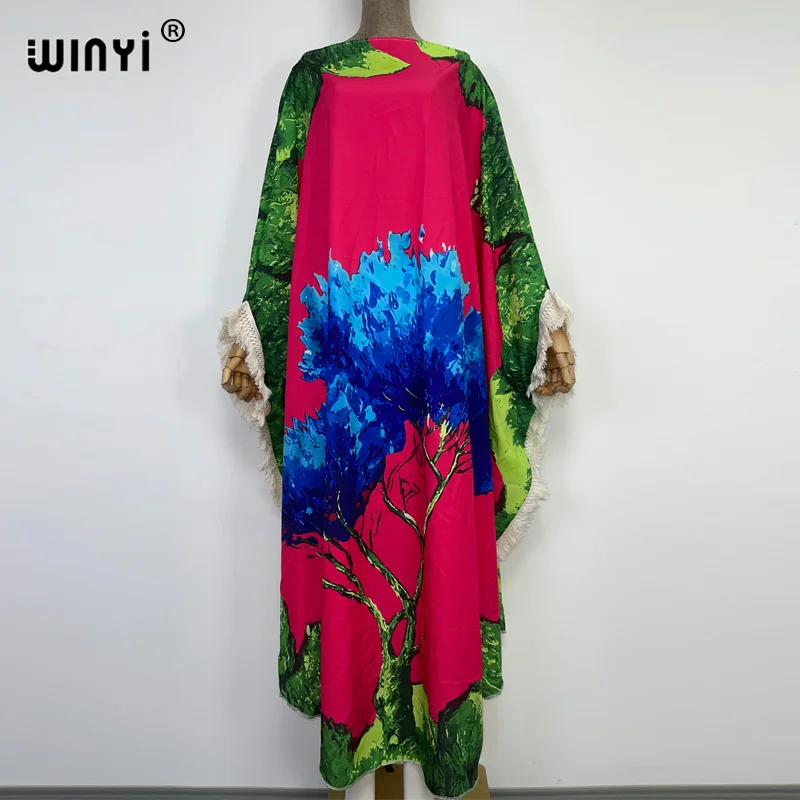 2022 WINYI beach boho dress pink Print Bohemia Loose Elegant Muslim Beachwear Robe Round Bathing Suit Cover Up Summer kaftan