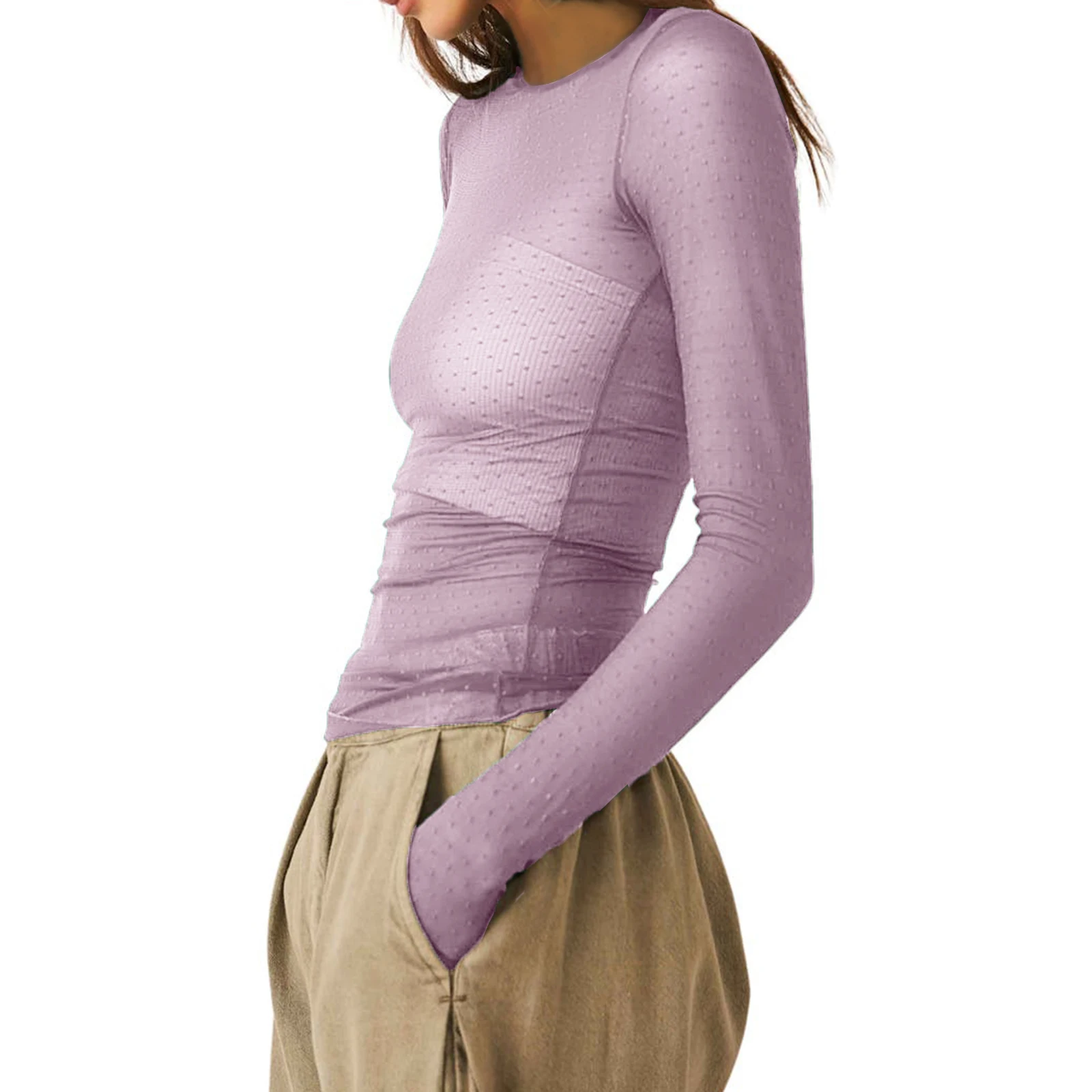 المرأة طويلة الأكمام تي شيرت عادية طاقم الرقبة النقاط شفافة سليم صالح شير القمم الطفل تيز Y2k نادي الشارع الشهير #5