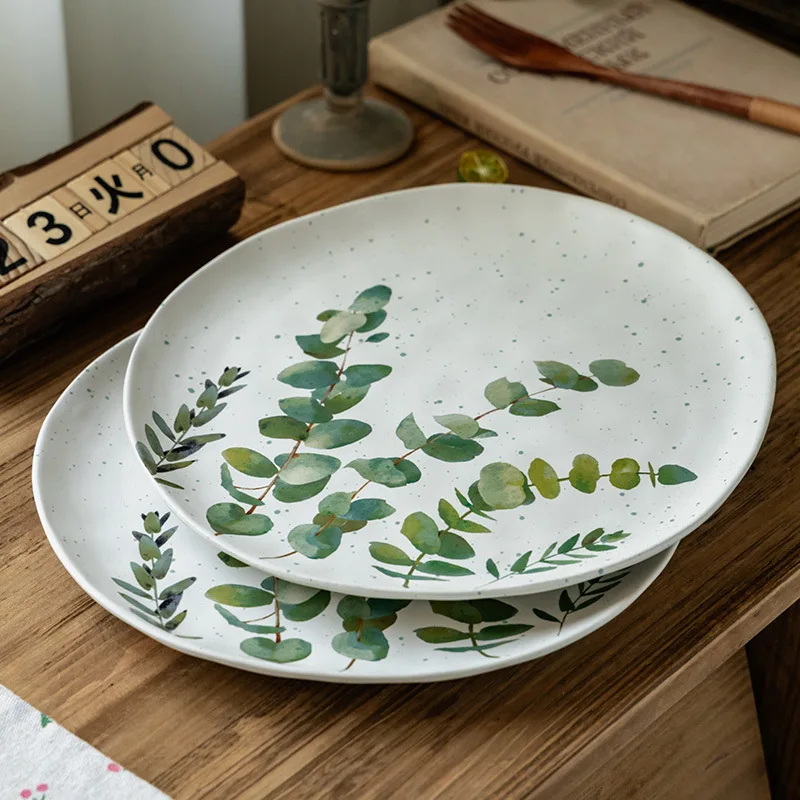 

Vintage Hand Painted Green Leaf Ceramic Plate 10 Inch Irregular Dinner Plate Dishware