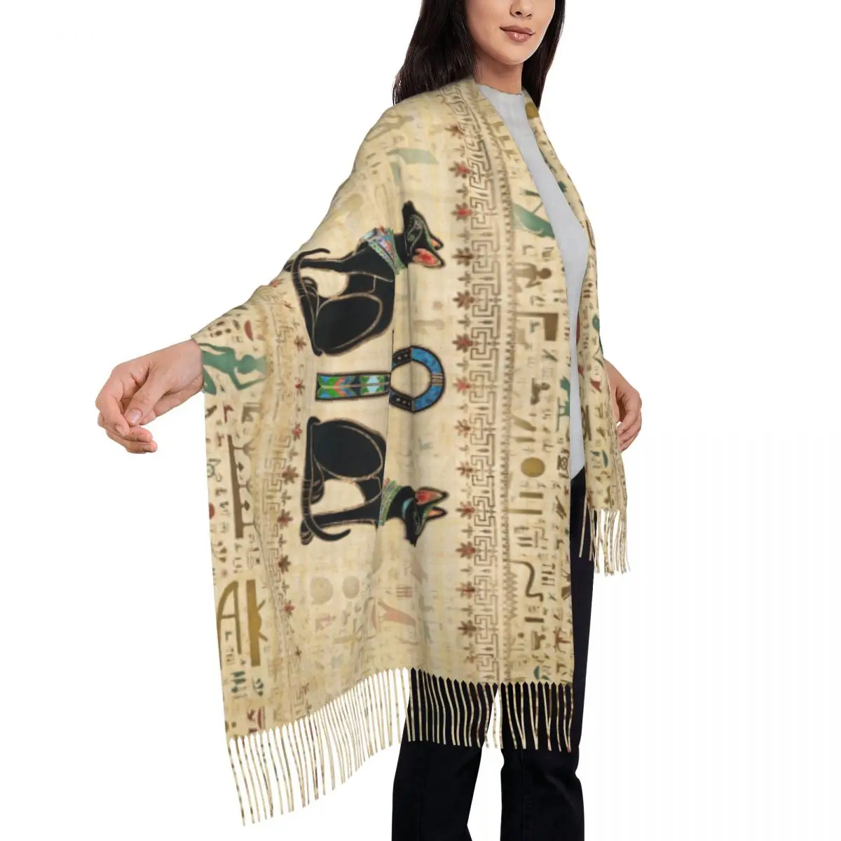 Egyptian Cats And Ankh Cross Tassel Scarf Women Soft Horus Eye Egypt Hieroglyphic Shawl Wrap Female Winter Scarves