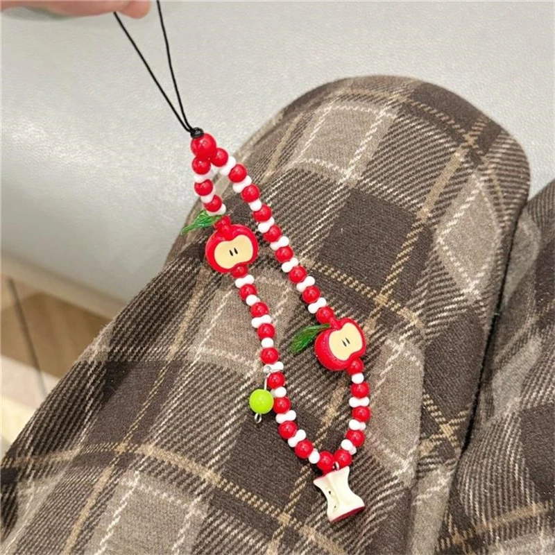 Korean Cute Apple Pearl Beaded Phone Chain Keychain Sweet Girl Bracelet Anti-Lost Phone Charm Lanyard For iPhone Samsung Camera view 3