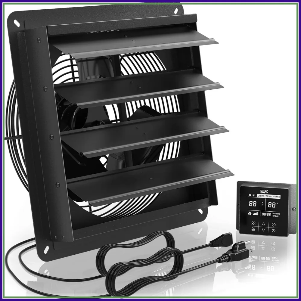 

12 Inch Shutter Exhaust Fan, 1226 CFM High-Speed Vent Fan with Temperature Humidity Controller for Greenhouses, Garages, Attics