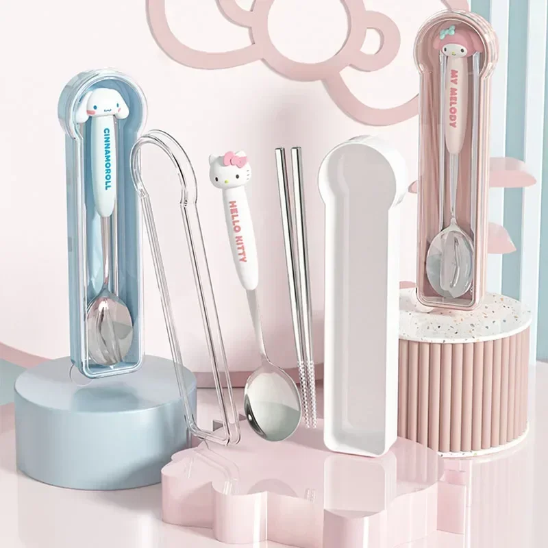 

Kawaii Cutlery Set My Melody Kuromi Cinnamoroll Cute Anime Girls Good Looking Students Portable 304 Spoons Chopsticks Set