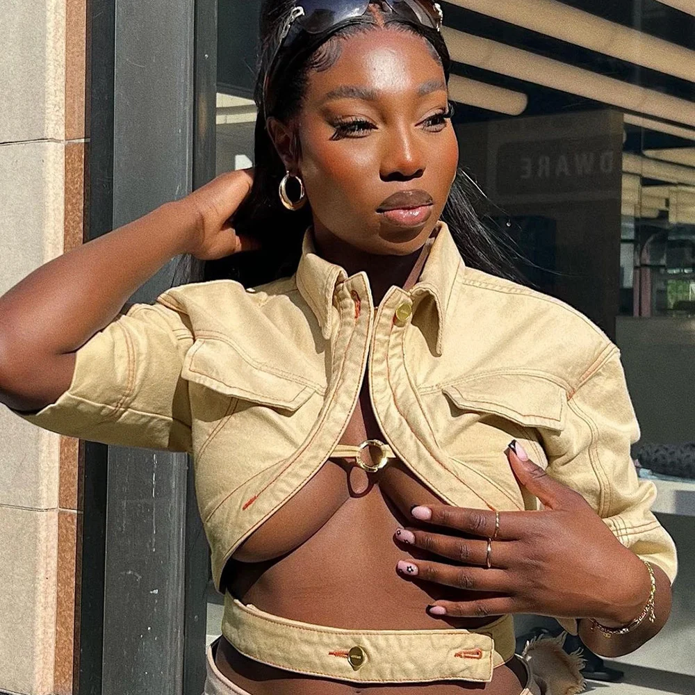 Women Solid Lapel Cut Out Crop Top Half Sleeve Cropped Jacket Button Front Open Front Streetwear Casual Going Out Clubwear Y2K