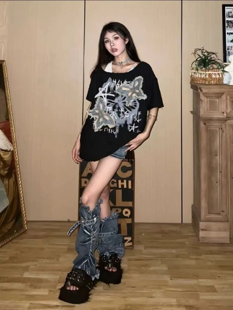 Women Y2k Aesthetic Tassels Butterfly Embroidery T-shirt Summer Dark Grey Slash Neck Tees Harajuku Hole Streetwear Loose Tshirts