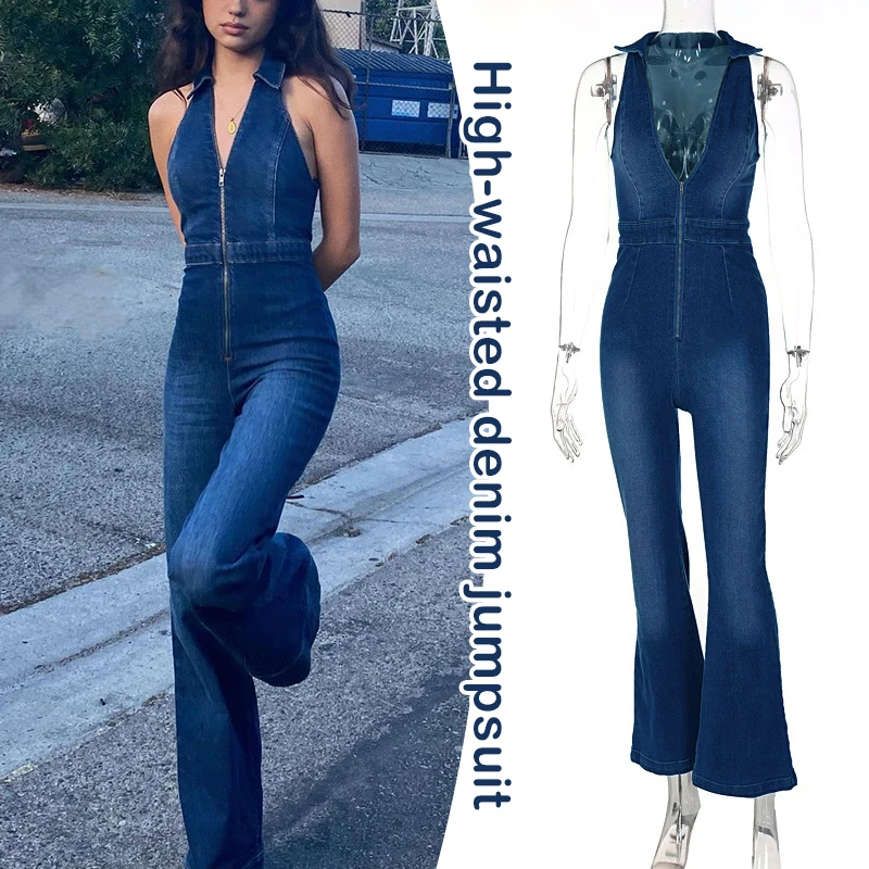 Pakaian Jumpsuit Denim wanita, baju terusan Slim Fit pinggang tinggi leher V ritsleting tanpa lengan kasual mode musim semi musim panas