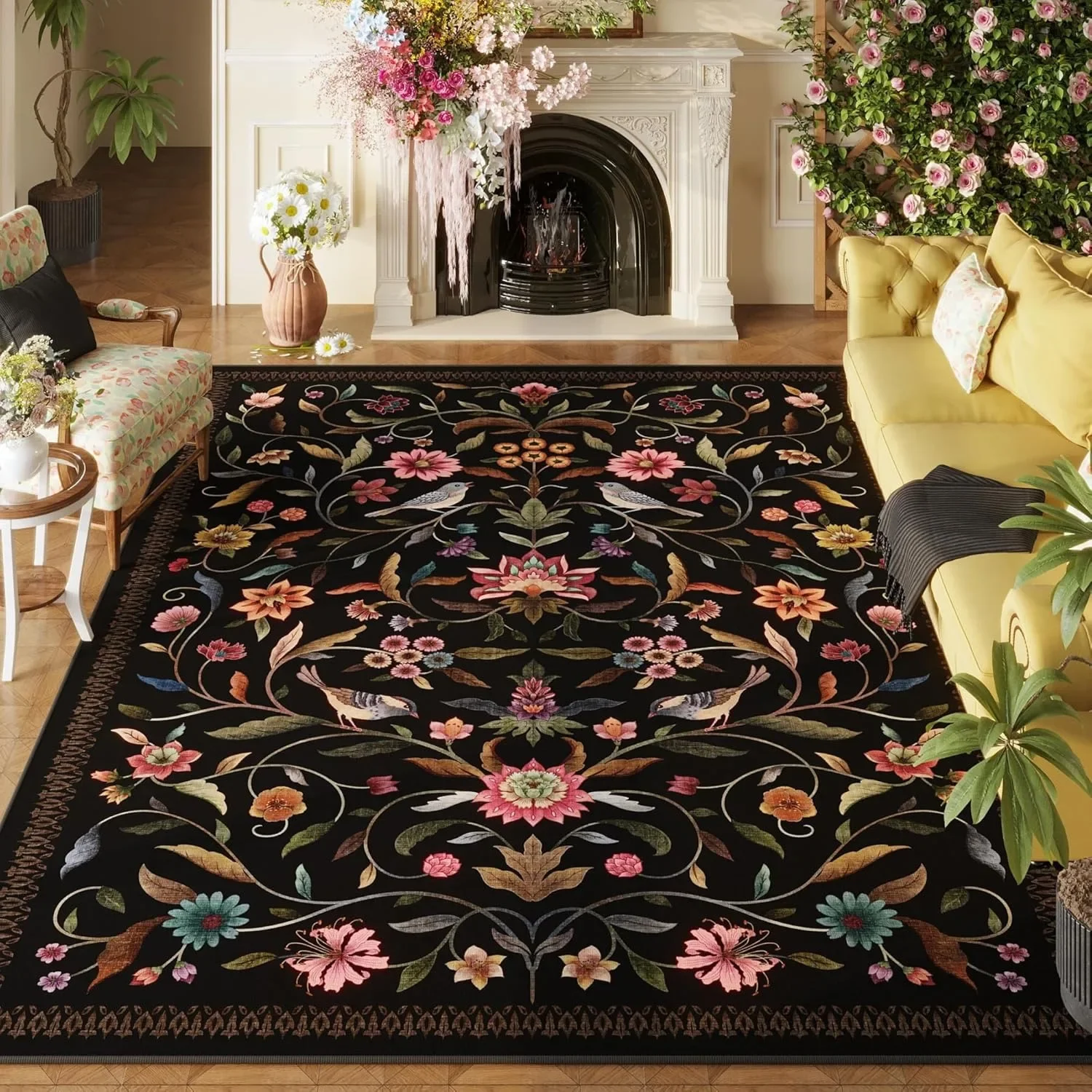 

English Countryside Bird Flower Area Rug Living Room Carpet Romantic Floral Design Soft Durable Home Decor Vintage Garden Styles