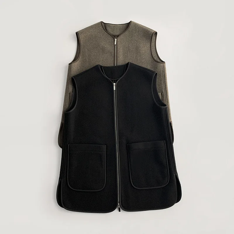 Nordic Fashion Simple Wool Zipper Vest Sleeveless Top Women Vests