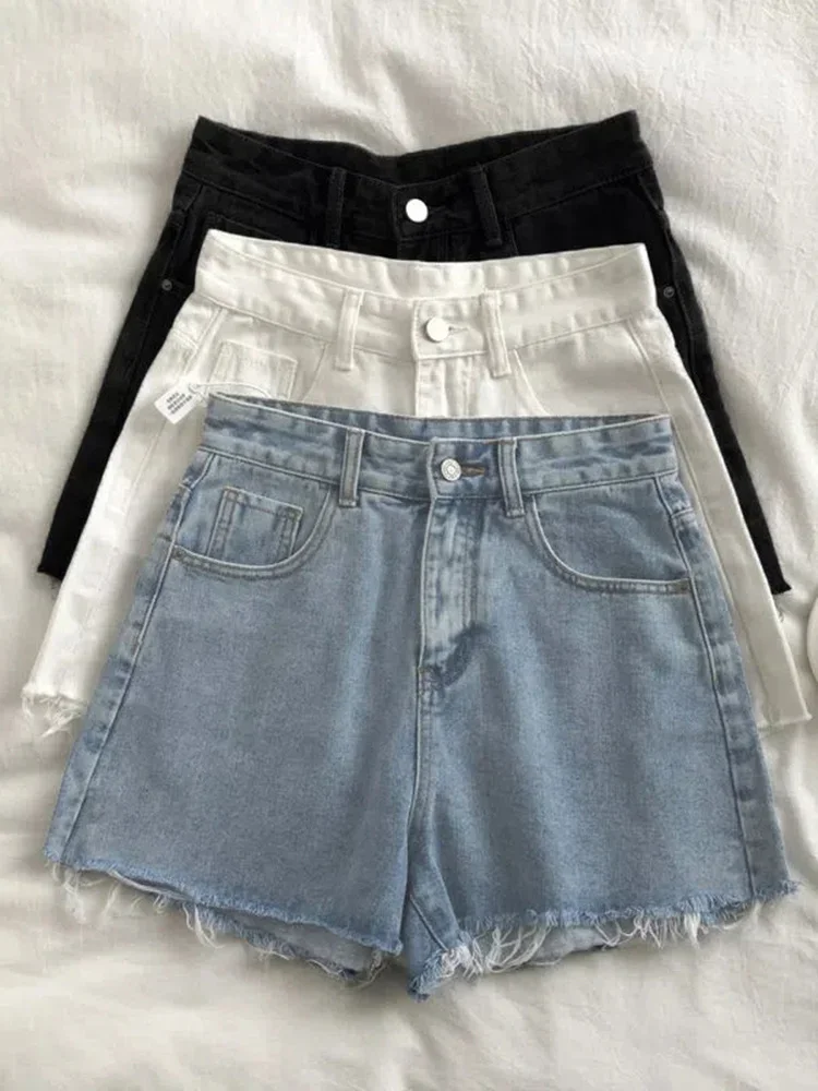 Korean High Waisted Raw Edge Denim Shorts Women's 2023 Summer New Basic Button Pocket Denim Shorts Street Denim Pant