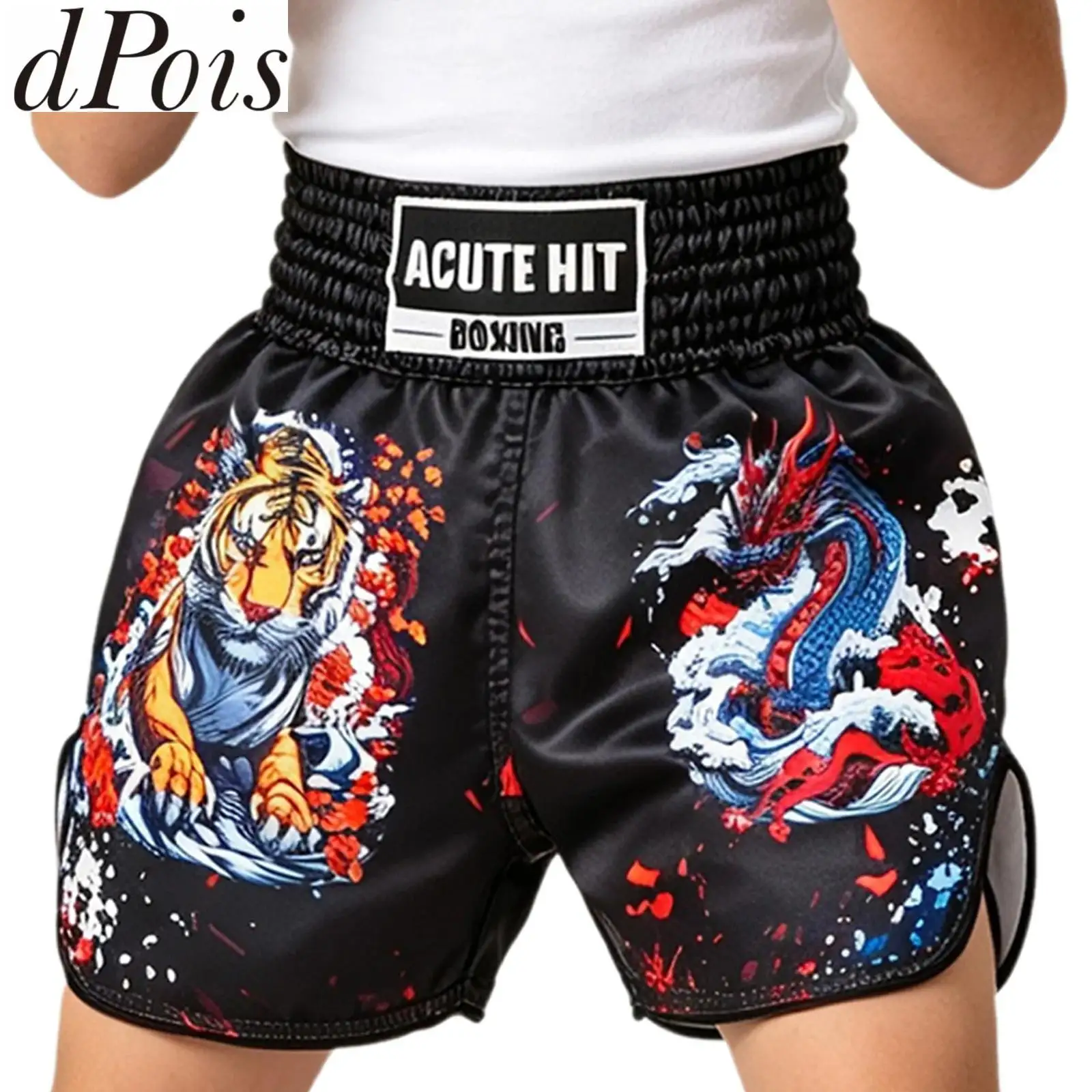 Kids Boys Girls Animal Printed Boxing Shorts Drawstring Elastic Waistband Side Slit Boxer Trunks for Muay Thai Sports Training