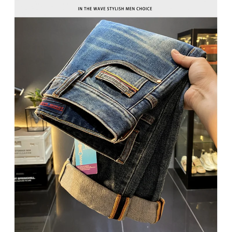 

Джинсы мужские, осень 2021, новые прямые брюки с маленькой эластичной резинкой, повседневные трендовые длинные брюки высокого класса в стиле ретро