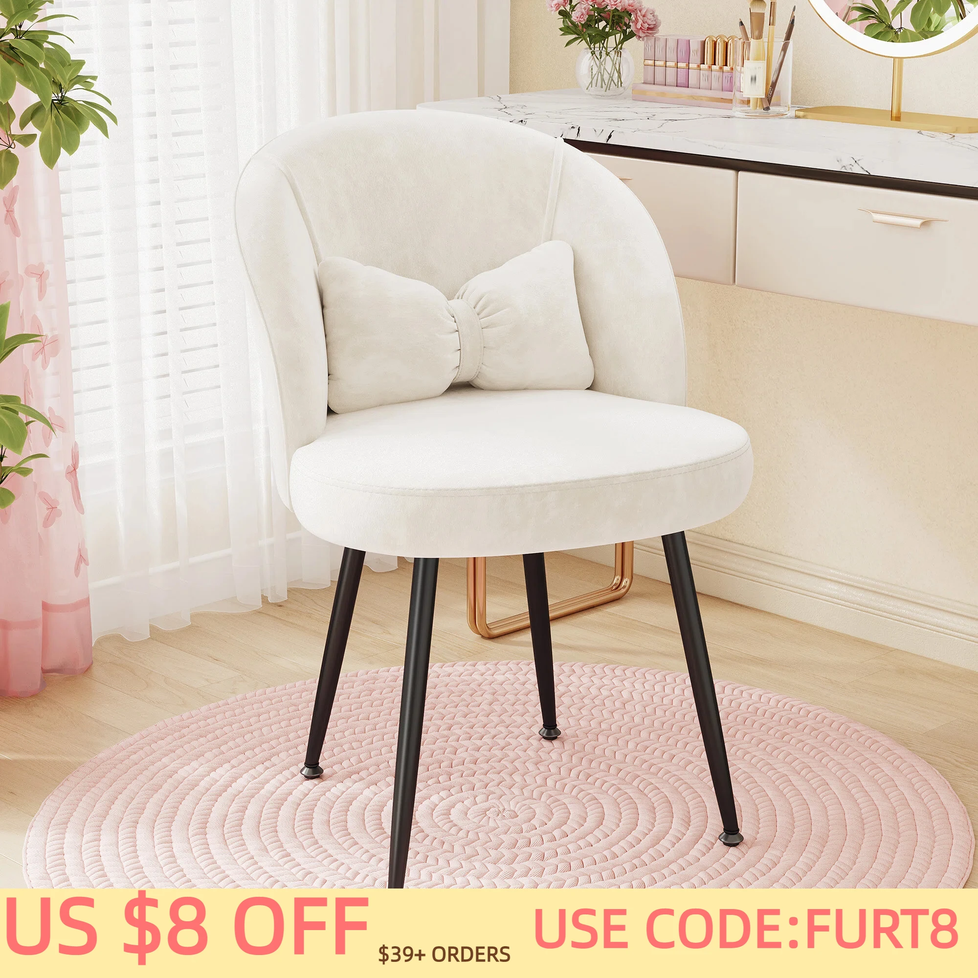 Velvet Vanity Chair Ergonomic Backrest Desk Chair with Bow Pillow, Black Metal Legs Accent Chair, Multi-Purpose Comfort Leisure Chair for Bedroom, Living Room, Makeup, Home Office Small Space