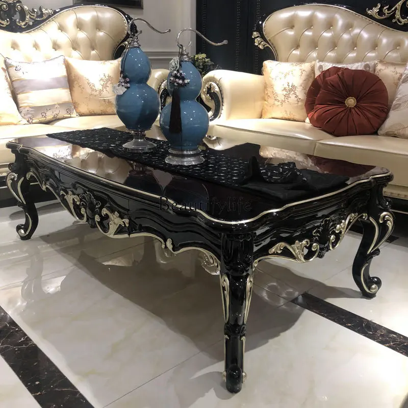 European solid wood carving flower coffee table, luxury neoclassical living room rectangular table