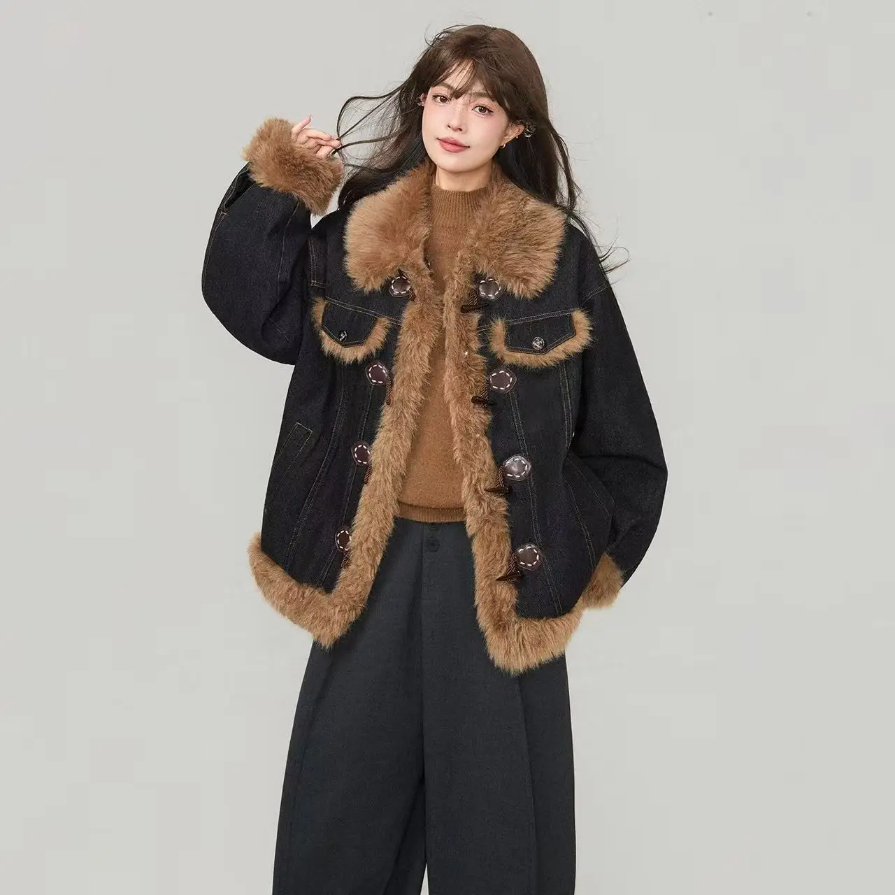 

Winter New Women's Lambhair Denim Jacket Loose Splicing Warm Jacket