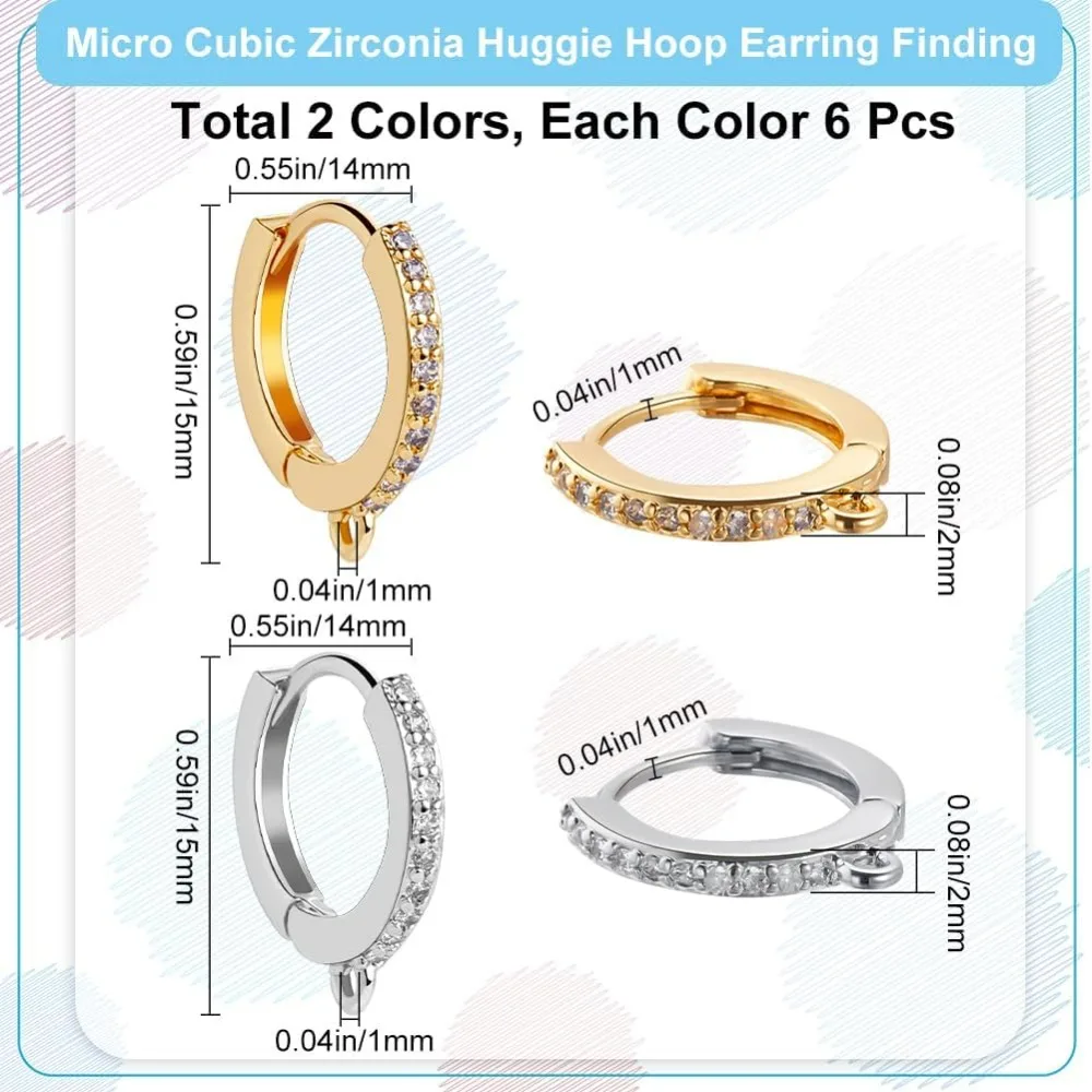 1 Box 12Pcs Round Leverback Hooks 18K Gold and Platinum Plated Brass Cubic Zirconia Huggie Hoop Earrings Findings making kit