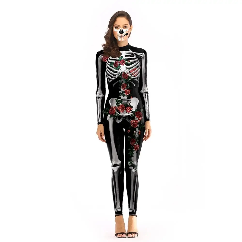 Costume d'halloween pour femmes, combinaison à manches longues, squelette, crâne, os imprimé, body Cosplay, Joker, effrayant, Zombie Clown, Catsuits