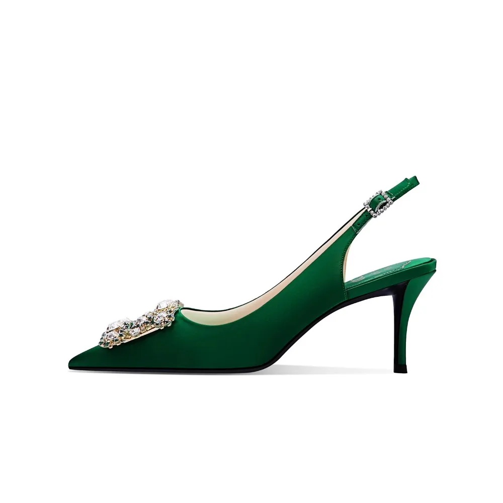 

Green Satin Rhinestone 2025 New High Heels Women Pointed Toe French Hollow Out Sandals