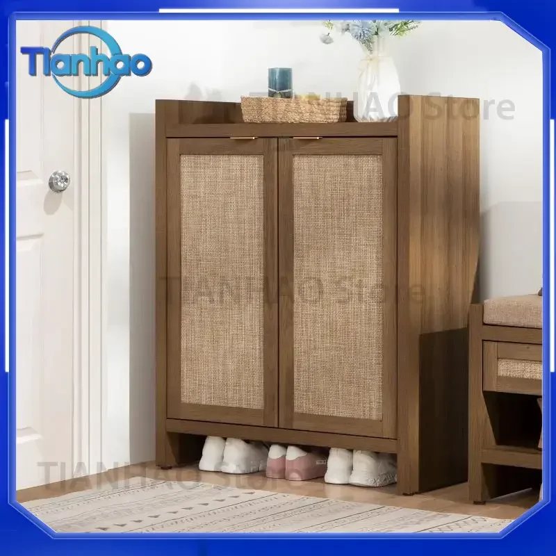 OEM Customized Shoe Cabinet for 2025 Pairs 6-Tier Antique Wooden Shoe Rack with Rattan Doors and Shelves for Home Shoe