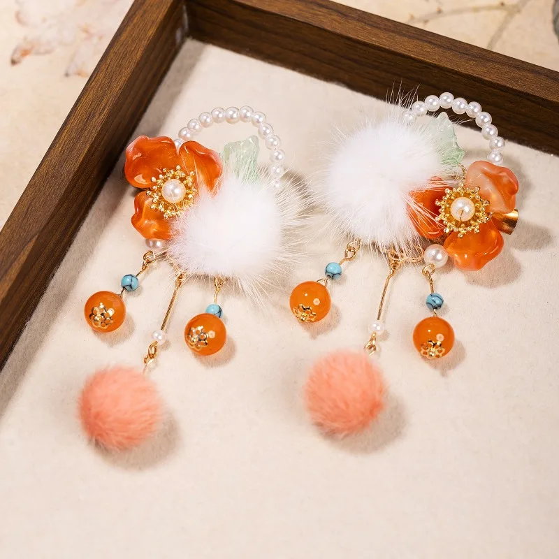 

New Year's Ancient Style Paired with Festive Hanfu Girl Hair Ball Hairpin Tassel Hair Accessory