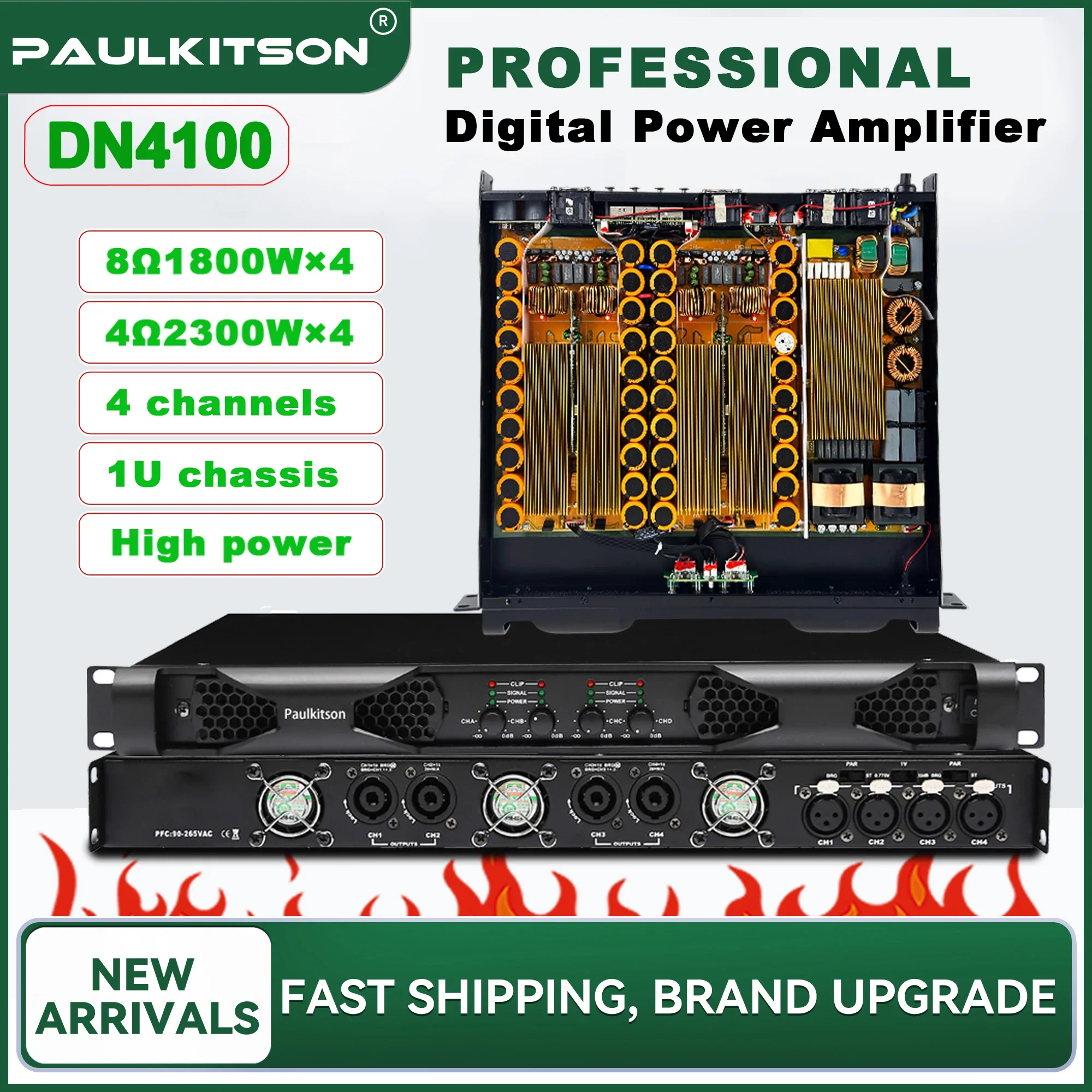 Paulkitson DN4100 4-Kanal Professioneller Digital-Leistungsverstärker Klasse-D 1U Rack-Mount-Verstärker 4Ω 4×2300W für Bühnenkonzerte und Live-Shows – Detail 1