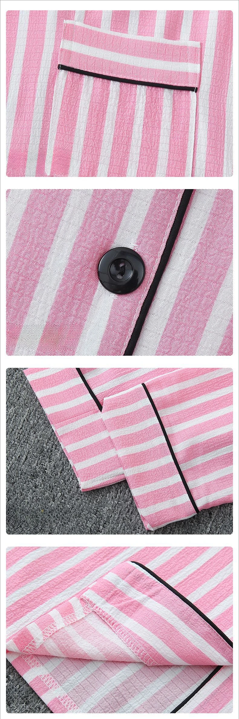 Sexy Nachtwäsche Frauen Plus Größe Rosa Gestreiften Pyjamas Blase Zerknitterte Baumwolle Student Loungewear Langarm Lange Hosen Nachtwäsche – Detail 4