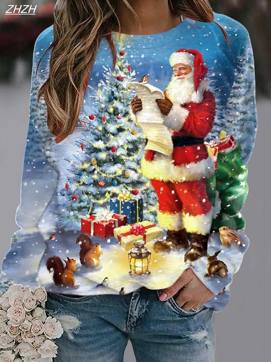 

2025 рождественский женский пуловер с рисунком Санта-Клауса, повседневные топы с длинными рукавами и круглым вырезом, обычные топы, повседневные праздничные принты, осень-зима