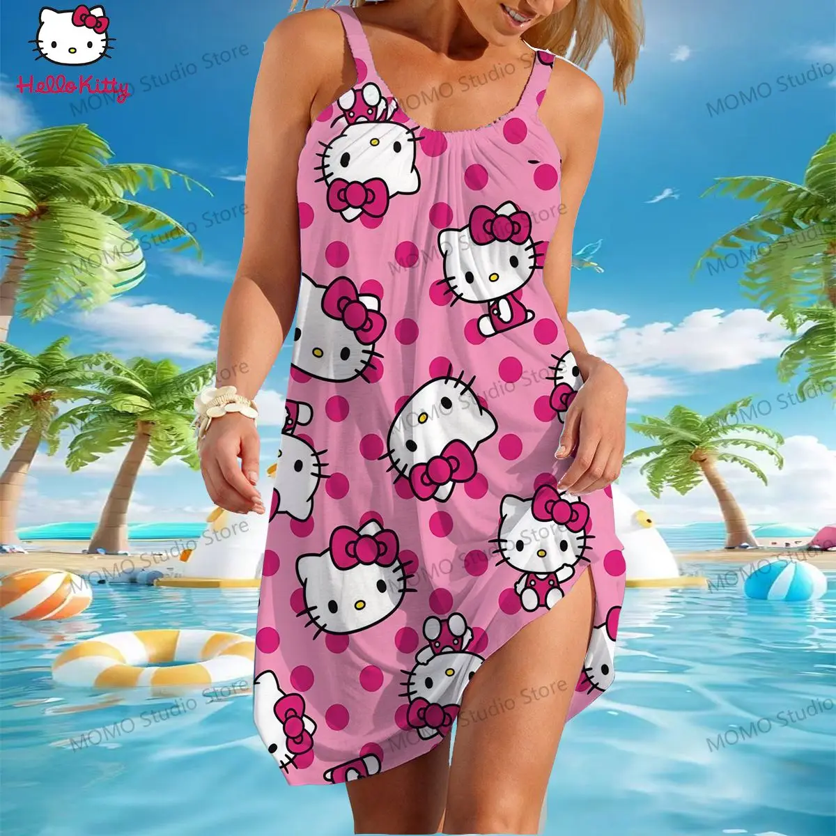 Vestidos de praia casual Hello Kitty para mulheres, Kawaii Y2k, verão, Boho Sling, Sanrio, novo, elegante jovem, sexy, S to 3XL, 2024