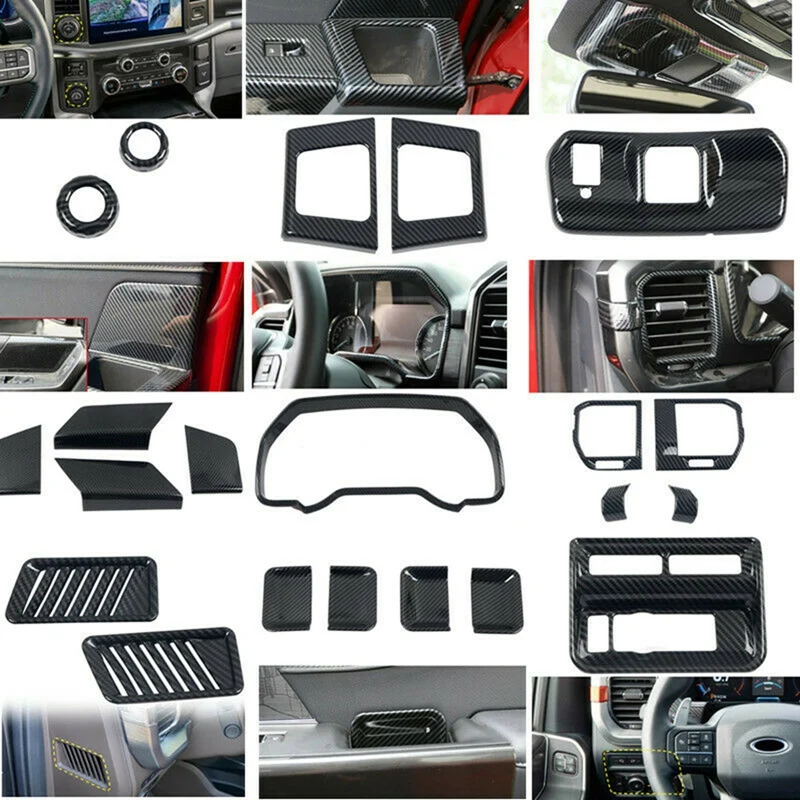 21PCS Interior Kit Cover Trims, Air Outlet Cover, Dashboard Cover For Ford F150 2021 2022, ABS Carbon Fiber