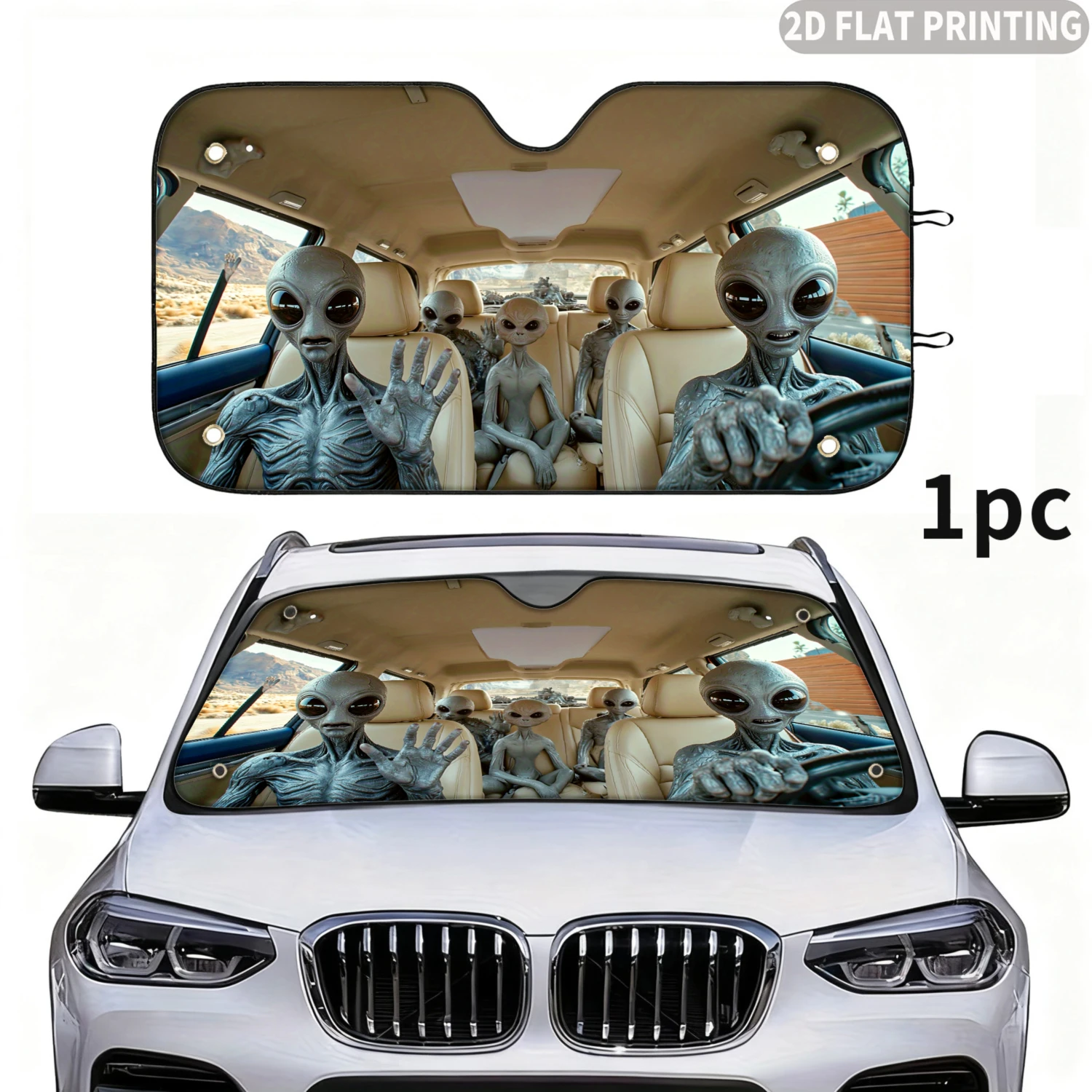 1pc Universal Car Windshield Sunshade, With Aliens Sitting In Car Interior 2D FLAT Printing Design, Sunshade With 4 Suction Cups - view 3