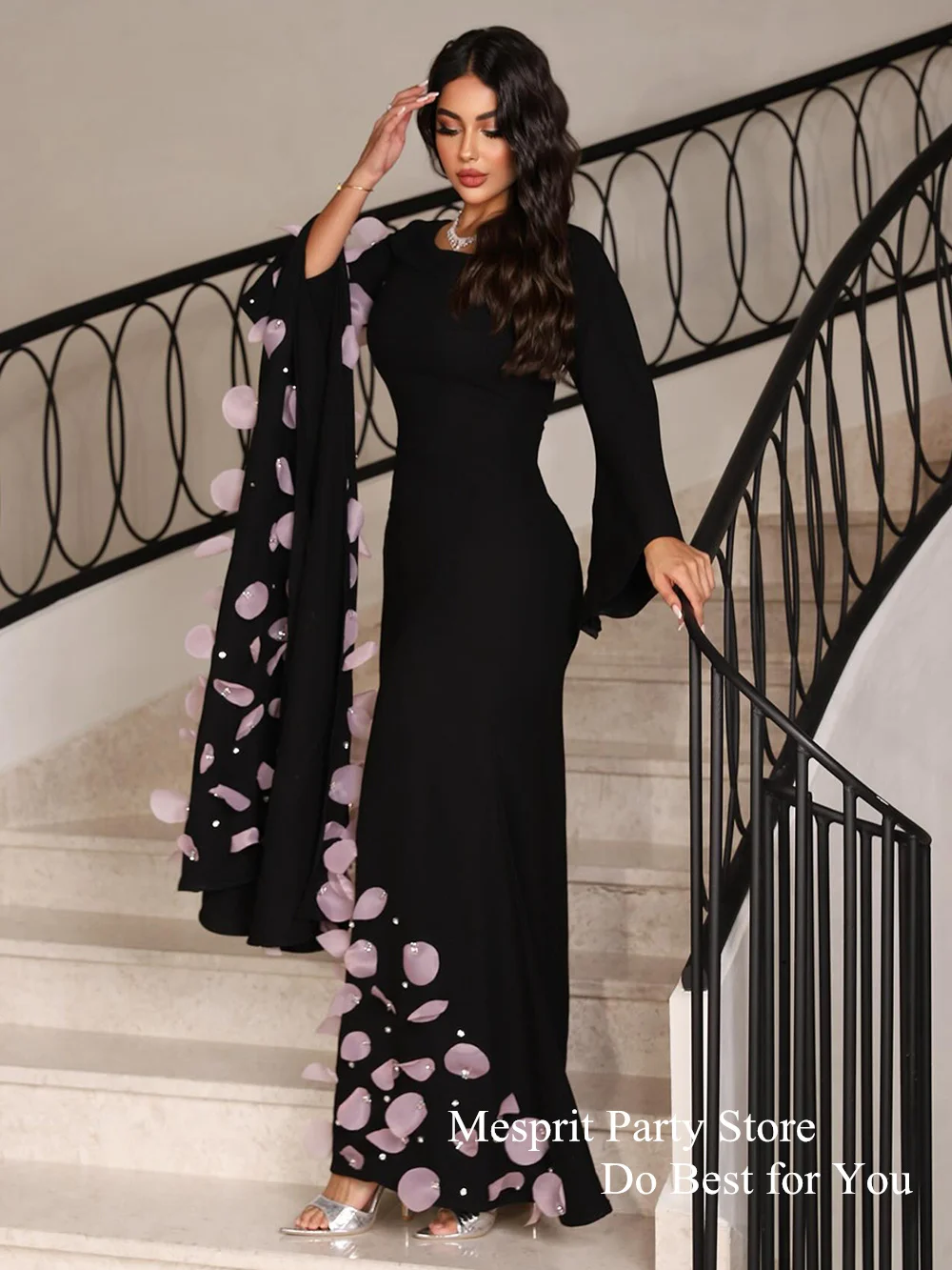 Elegant Black Evening Dress with Pink Floral Petals Beading Mermaid Party Dresses Ankle Length Long Sleeves Saud Prom Gown