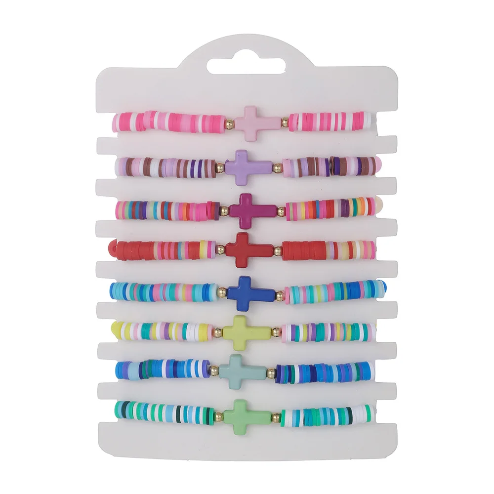 8pcs Bohemian Colorful Polymer Cross Bracelet New Beach Style Stretch Bracelets Set for Women Girls