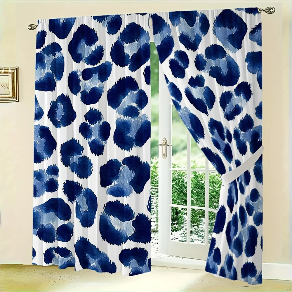 2pcs Abstract Watercolor Spot Curtain No Rod — Navy Indigo Organic Blobs on Modern Artistic Pattern for Contemporary Interiors