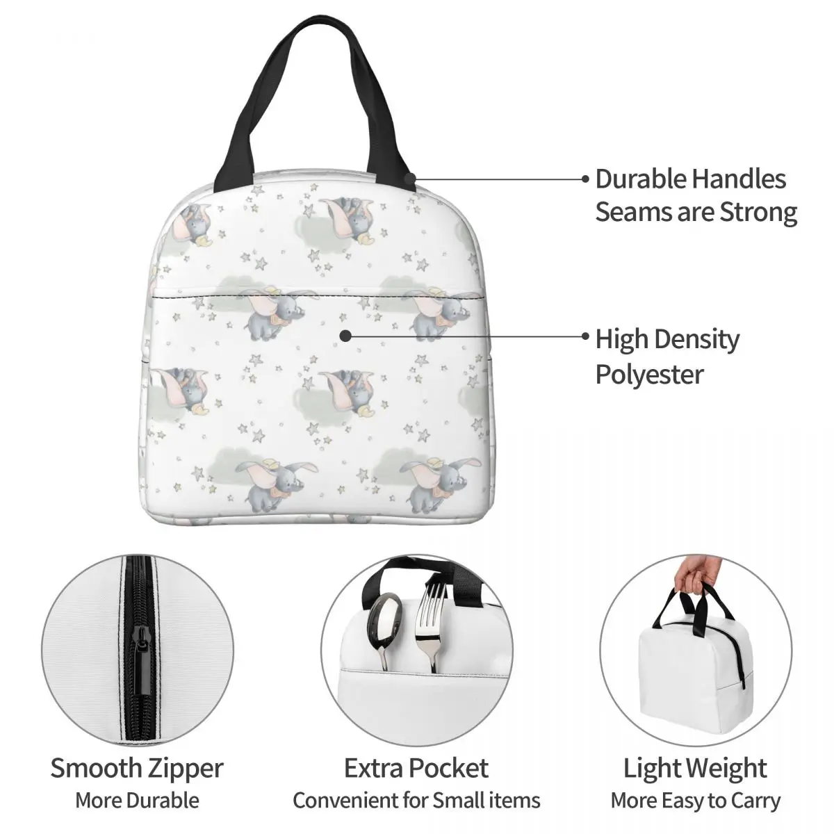 Dumbo Cartoon Pattern Insulated Lunch Bag Portable Lunch Container Cooler Bag Tote Lunch Box Office Travel Food Storage Bags