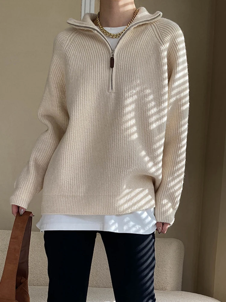 LANMREM Maglione di moda da donna con cerniera colletto rovesciato maniche lunghe tenere al caldo pullover vestiti 2024 inverno nuovo 2DC1177