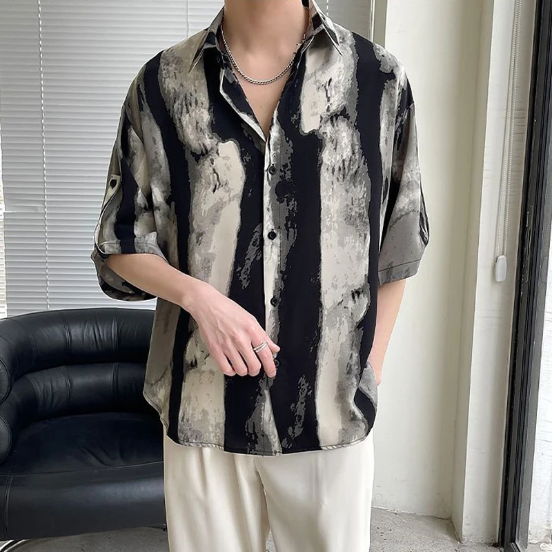 Men\'s Clothing Trend Korean Style Tie Dye Print Harajuku Streetwear Shirt Summer Casual Half Sleeve Loose Tops Y2K Chemise Homme