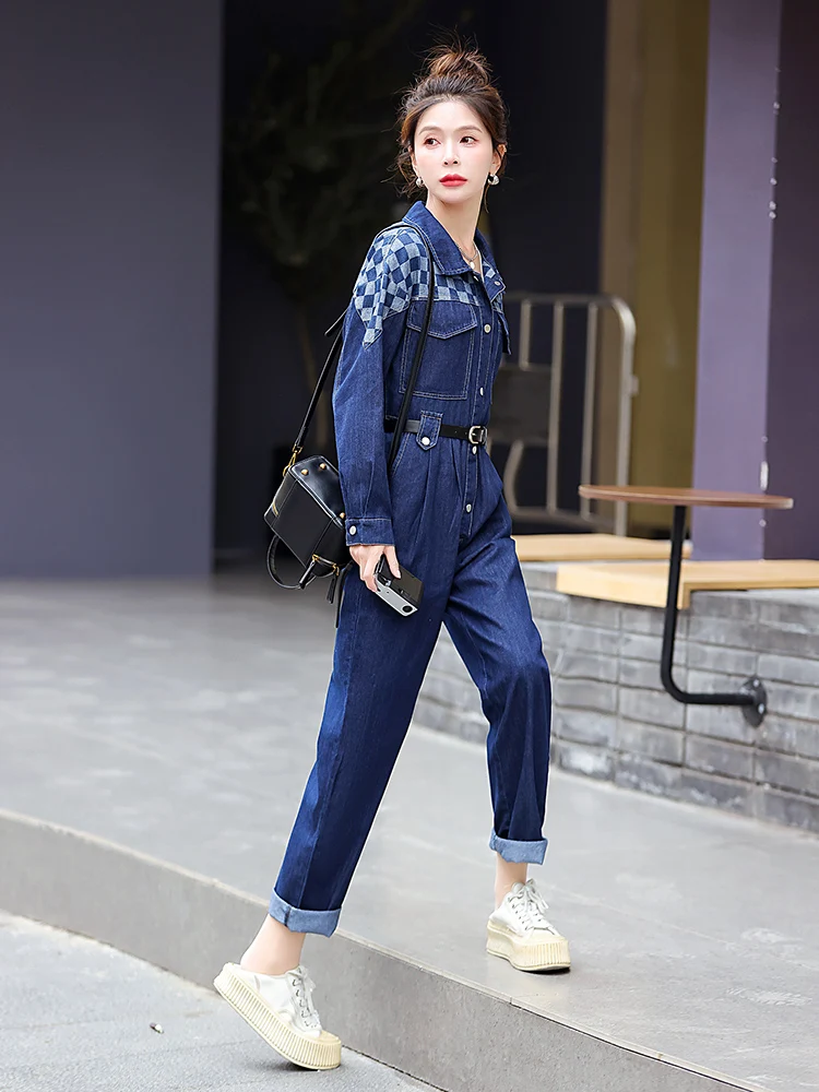 Lusam Denim Overalls Women's Autumn 2025 New Workwear Suit Slimming One-Piece Pants High Waist Long Cotton Blend